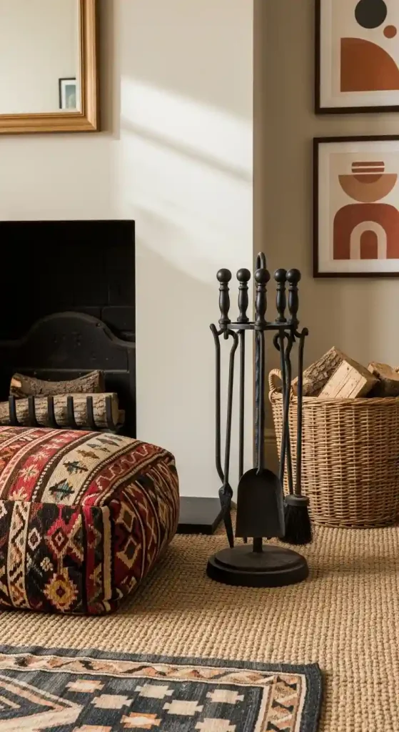 34 Stunning Boho Living Room Fireplace Decor Ideas to Inspire 29 28. Vintage Fireplace Tools