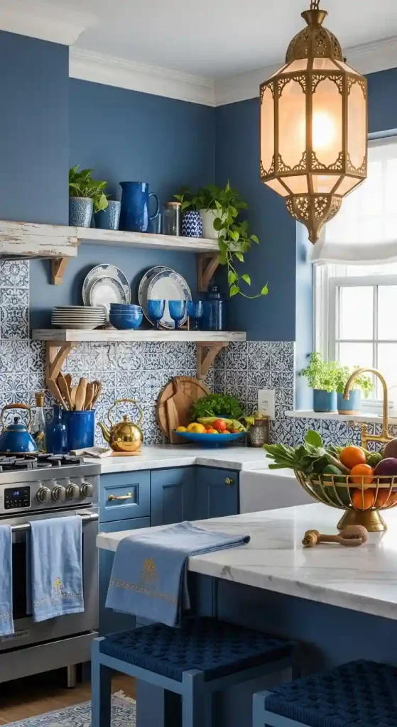 32 Boho Kitchen Blue Color Schemes for a Chic, Vibrant Look 31 29. Blue and Gold Kitchen Accessories