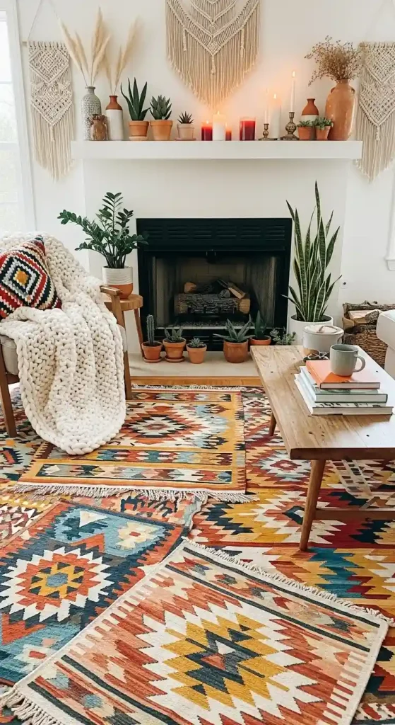 34 Stunning Boho Living Room Fireplace Decor Ideas to Inspire 30 29. Colorful Kilim Rugs