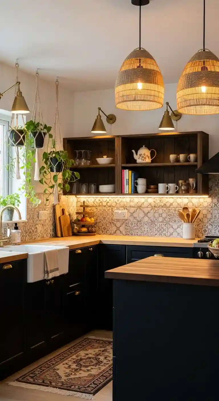 35 Boho Kitchen Black Cabinet Ideas to Elevate Your Space 31 29. Combine Black Cabinets with Warm Lighting Fixtures