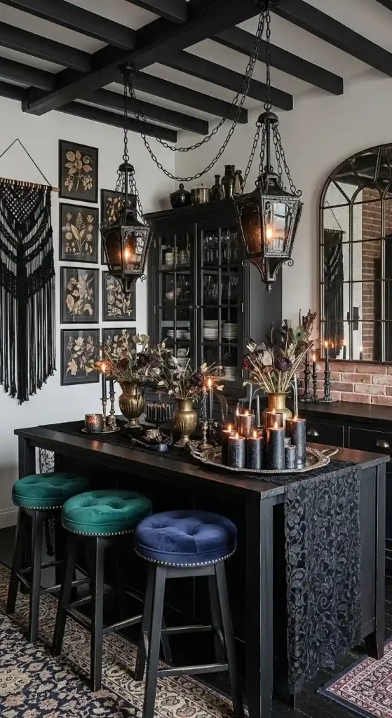 32 Stunning Boho Kitchen Goth Ideas for Dramatic Style 31 29. Dramatic Black Pendant Chains