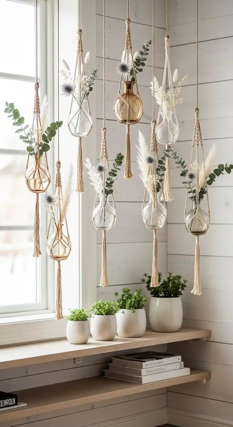 Scandinavian Boho Ideas to Create a Warm Minimalist Space 31 29. Indoor Hanging Vase Installations