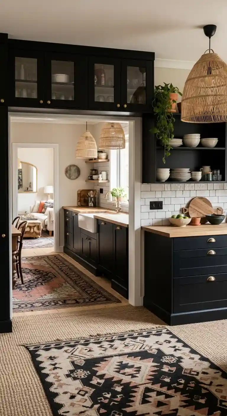 35 Boho Kitchen Black Cabinet Ideas to Elevate Your Space 32 30. Black Cabinets with Layered Rugs in Nearby Spaces
