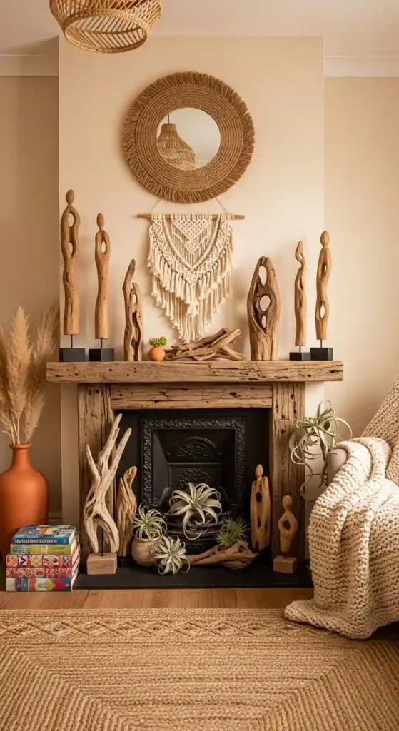 34 Stunning Boho Living Room Fireplace Decor Ideas to Inspire 31 30. Driftwood Mantel Sculptures