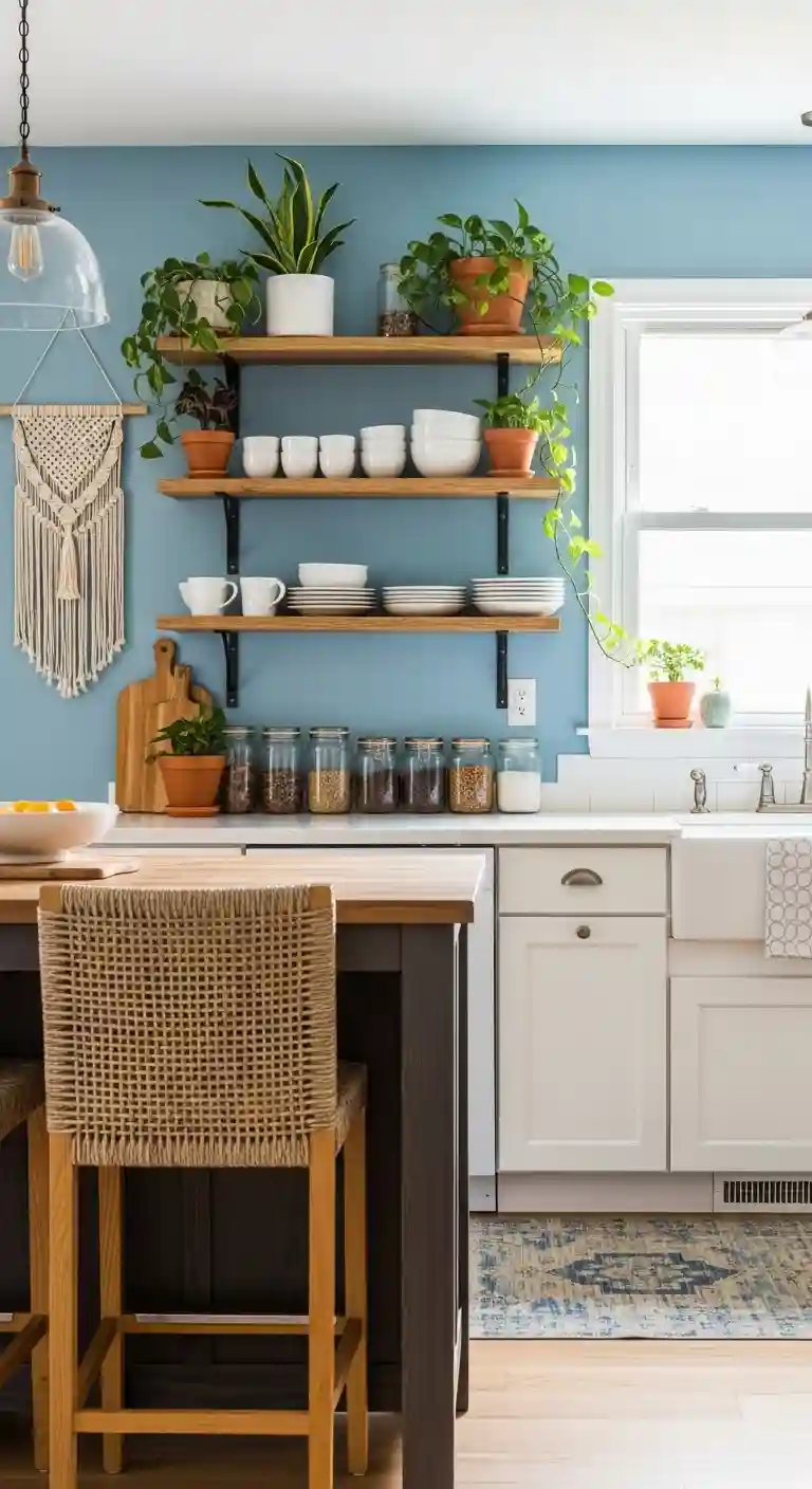 32 Boho Kitchen Blue Color Schemes for a Chic, Vibrant Look 32 30. Light Blue Accent Wall with Wooden Shelves
