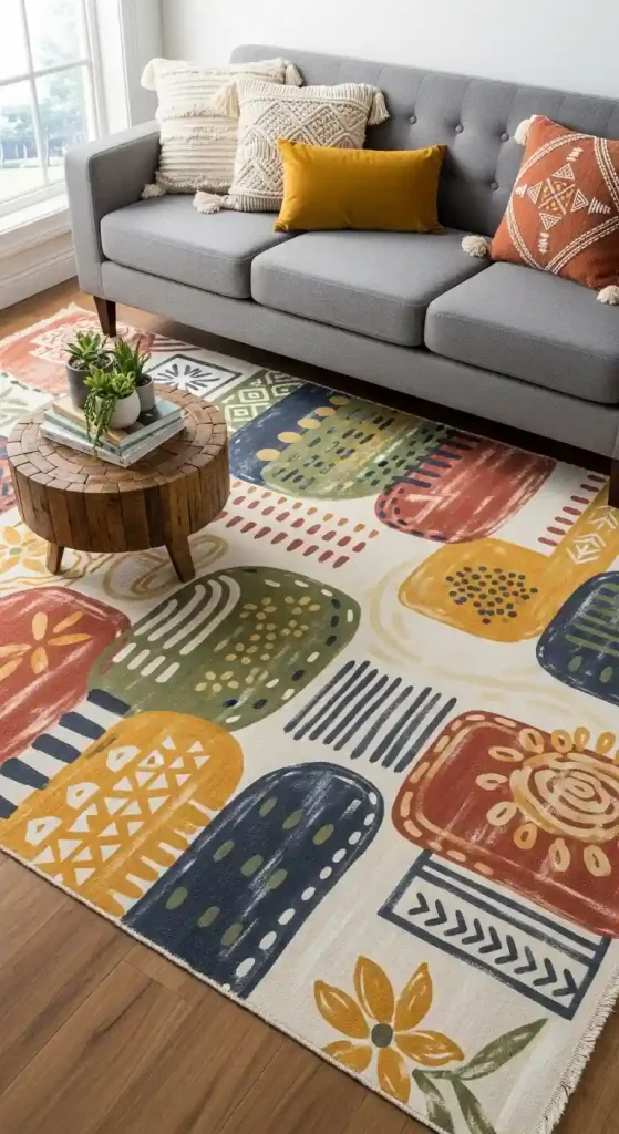 Chic Boho Living Room Rug Ideas for a Grey Couch – 35 Inspiring Looks 31 30. Painted Canvas Rugs