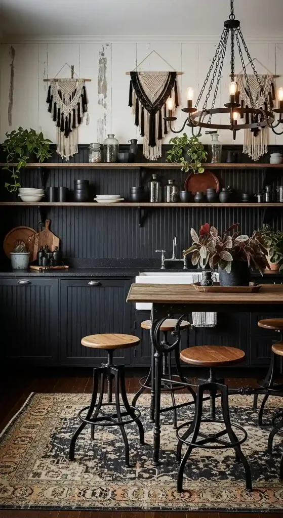 32 Stunning Boho Kitchen Goth Ideas for Dramatic Style 33 31. Dark Wood Beadboard Panels