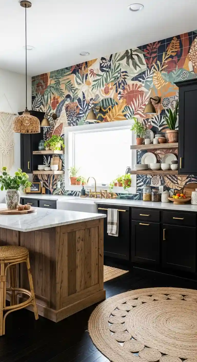 35 Boho Kitchen Black Cabinet Ideas to Elevate Your Space 33 31. Incorporate Artistic Tile Murals as Accent Walls
