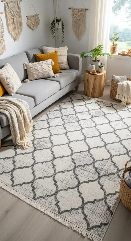Chic Boho Living Room Rug Ideas for a Grey Couch – 35 Inspiring Looks 32 31. Moroccan Trellis Patterns