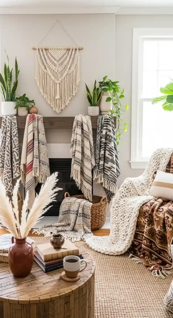 34 Stunning Boho Living Room Fireplace Decor Ideas to Inspire 32 31. Woven Throw Blankets