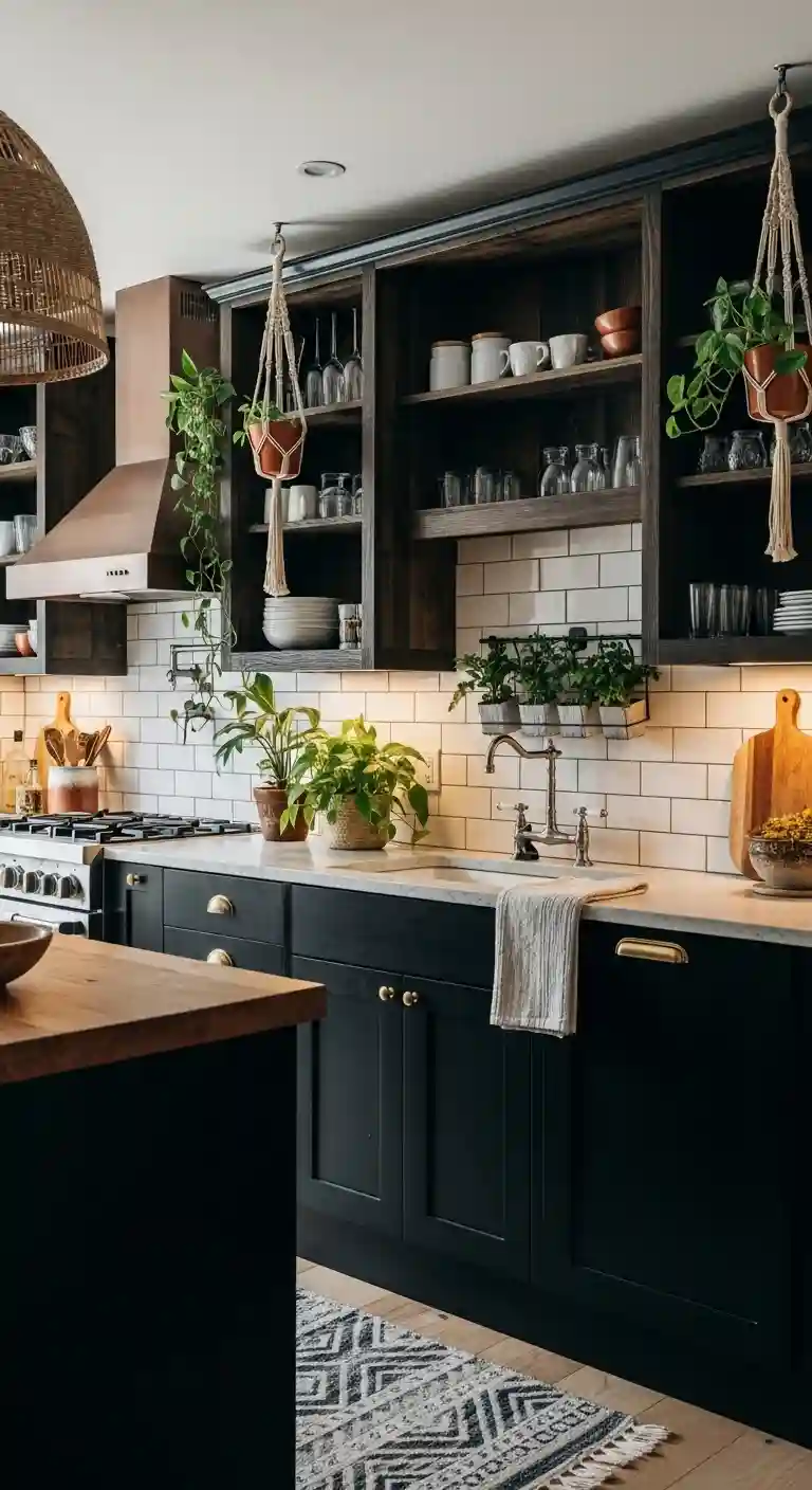 35 Boho Kitchen Black Cabinet Ideas to Elevate Your Space 34 32. Black Cabinets with Mixed Metal Accents