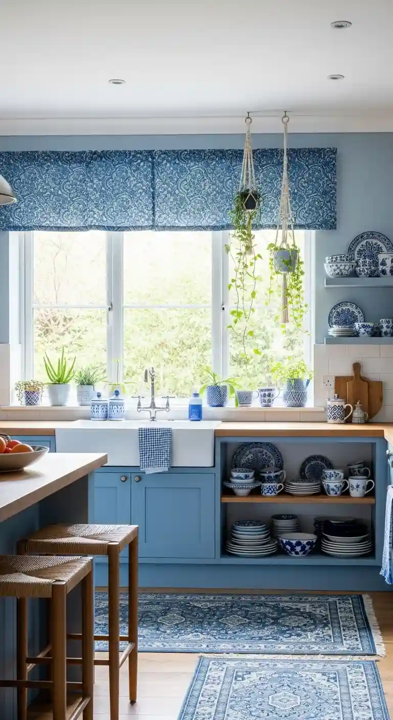32 Boho Kitchen Blue Color Schemes for a Chic, Vibrant Look 34 32. Blue-Patterned Window Valances