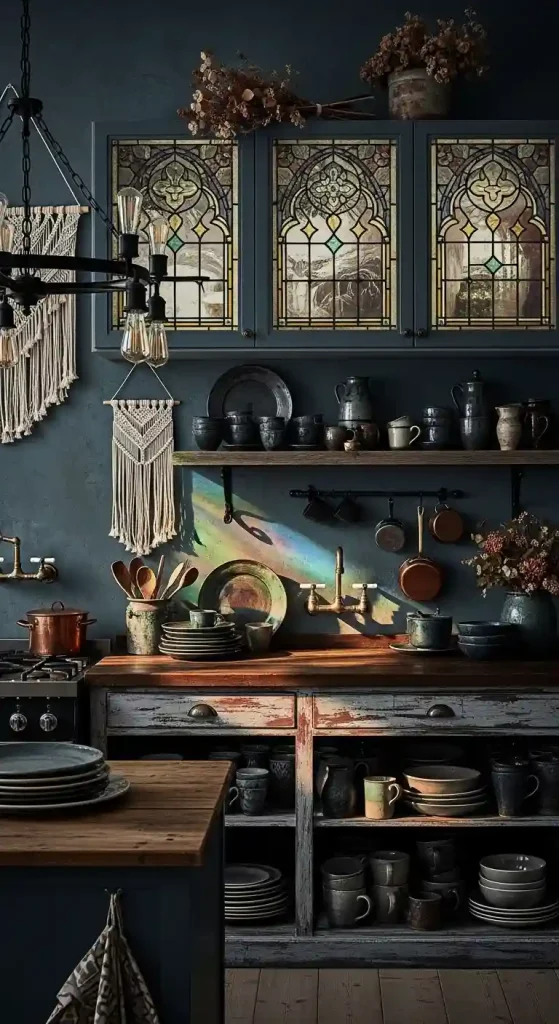 32 Stunning Boho Kitchen Goth Ideas for Dramatic Style 34 32. Gothic-Style Stained Glass Accents