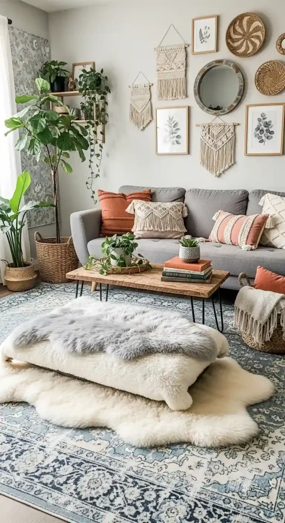 Chic Boho Living Room Rug Ideas for a Grey Couch – 35 Inspiring Looks 33 32. Layered Sheepskin Rugs