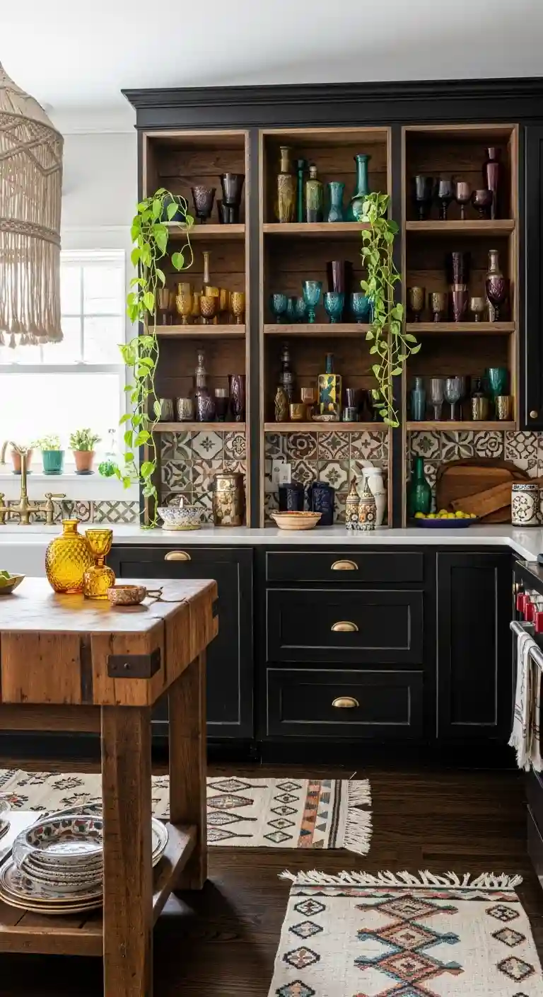 35 Boho Kitchen Black Cabinet Ideas to Elevate Your Space 35 33. Add Open Shelving with Colorful Glassware