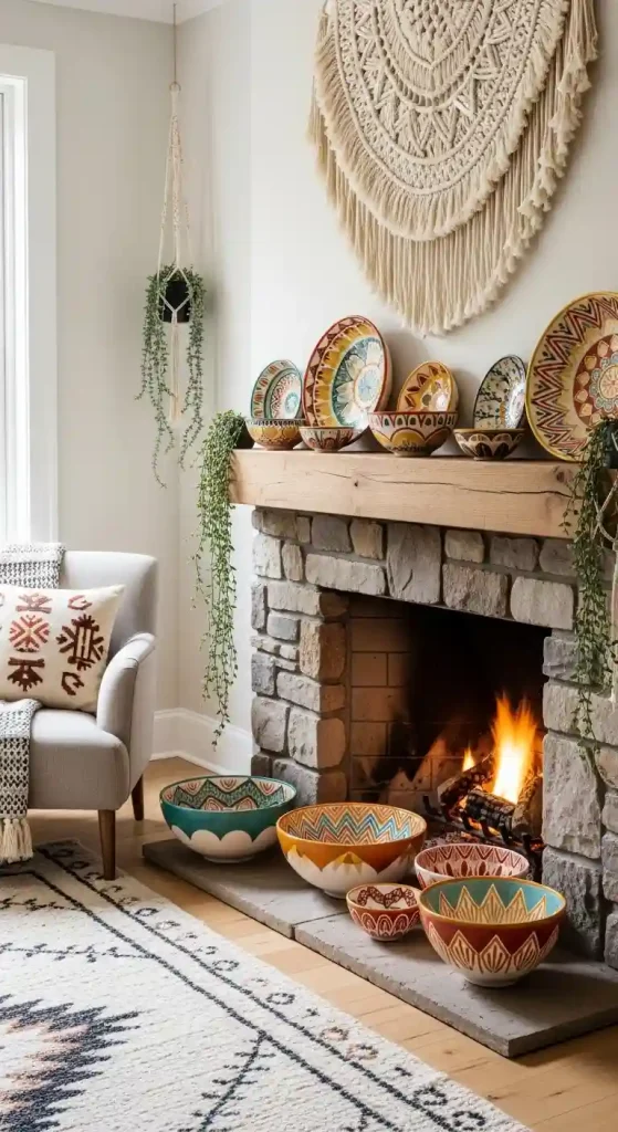 34 Stunning Boho Living Room Fireplace Decor Ideas to Inspire 34 33. Painted Ceramic Bowls