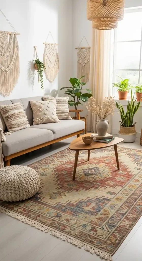 Chic Boho Living Room Rug Ideas for a Grey Couch – 35 Inspiring Looks 34 33. Vintage Wool Dhurrie Rugs