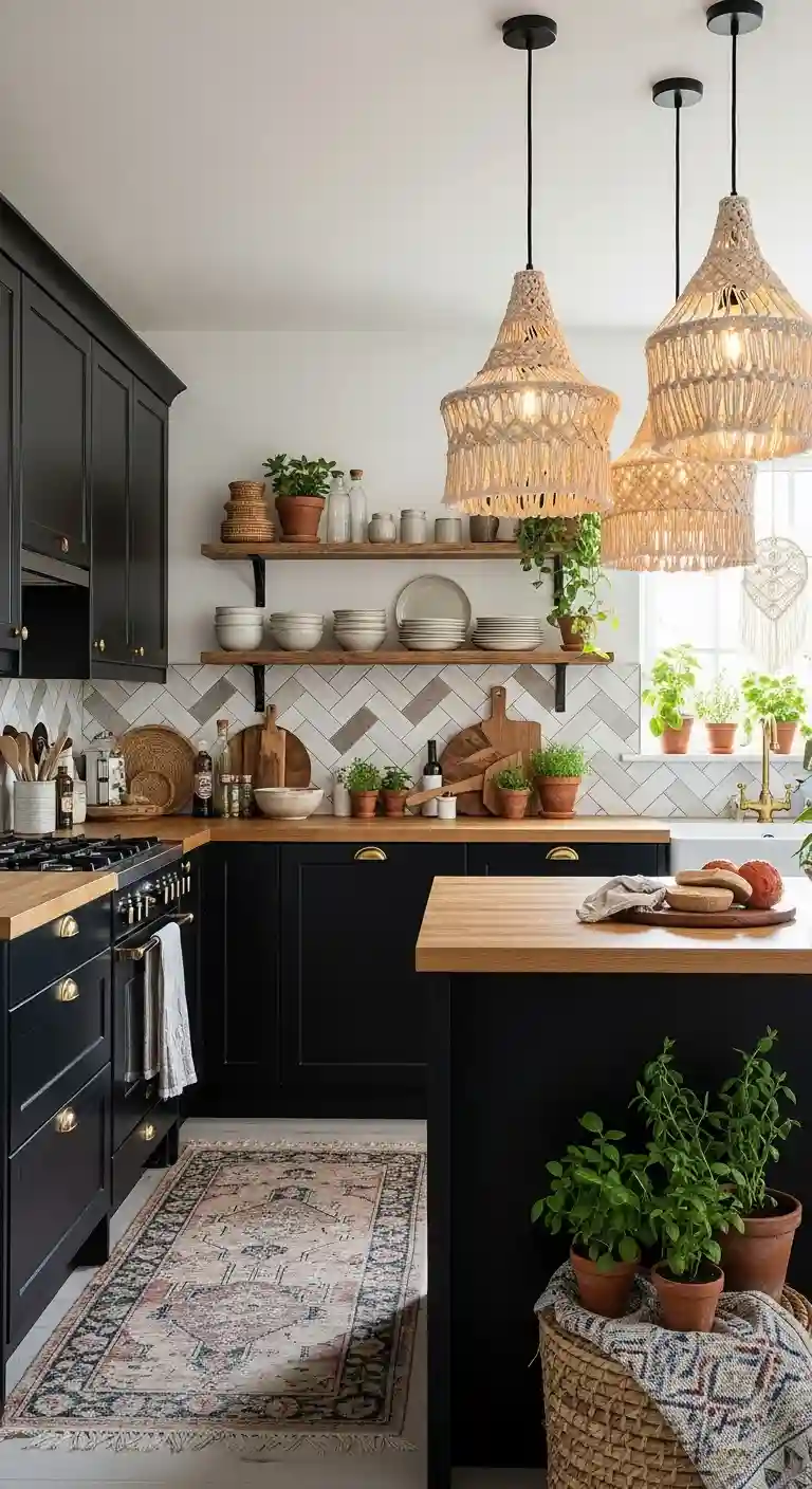 35 Boho Kitchen Black Cabinet Ideas to Elevate Your Space 36 34. Black Cabinets with Boho-Inspired Pendant Lights