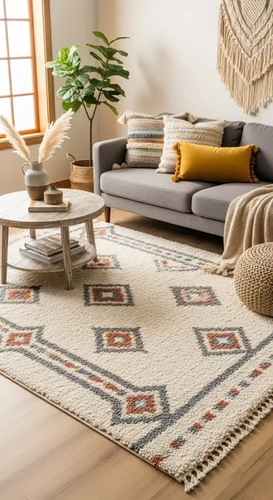 Chic Boho Living Room Rug Ideas for a Grey Couch – 35 Inspiring Looks 35 34. Hand-Tufted Area Rugs