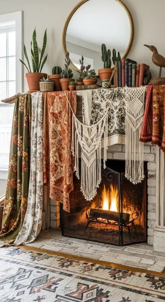 34 Stunning Boho Living Room Fireplace Decor Ideas to Inspire 35 34. Vintage Textile Drapes