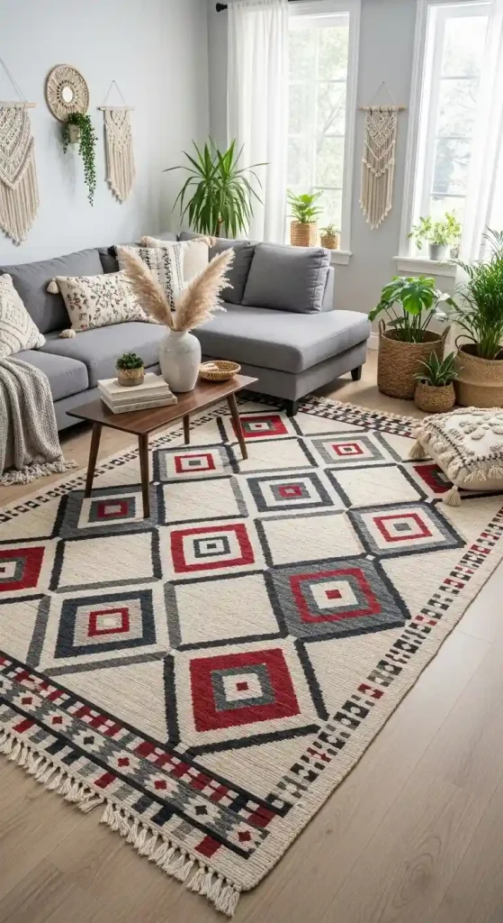 Chic Boho Living Room Rug Ideas for a Grey Couch – 35 Inspiring Looks 36 35. Bold Tribal Diamond Rugs