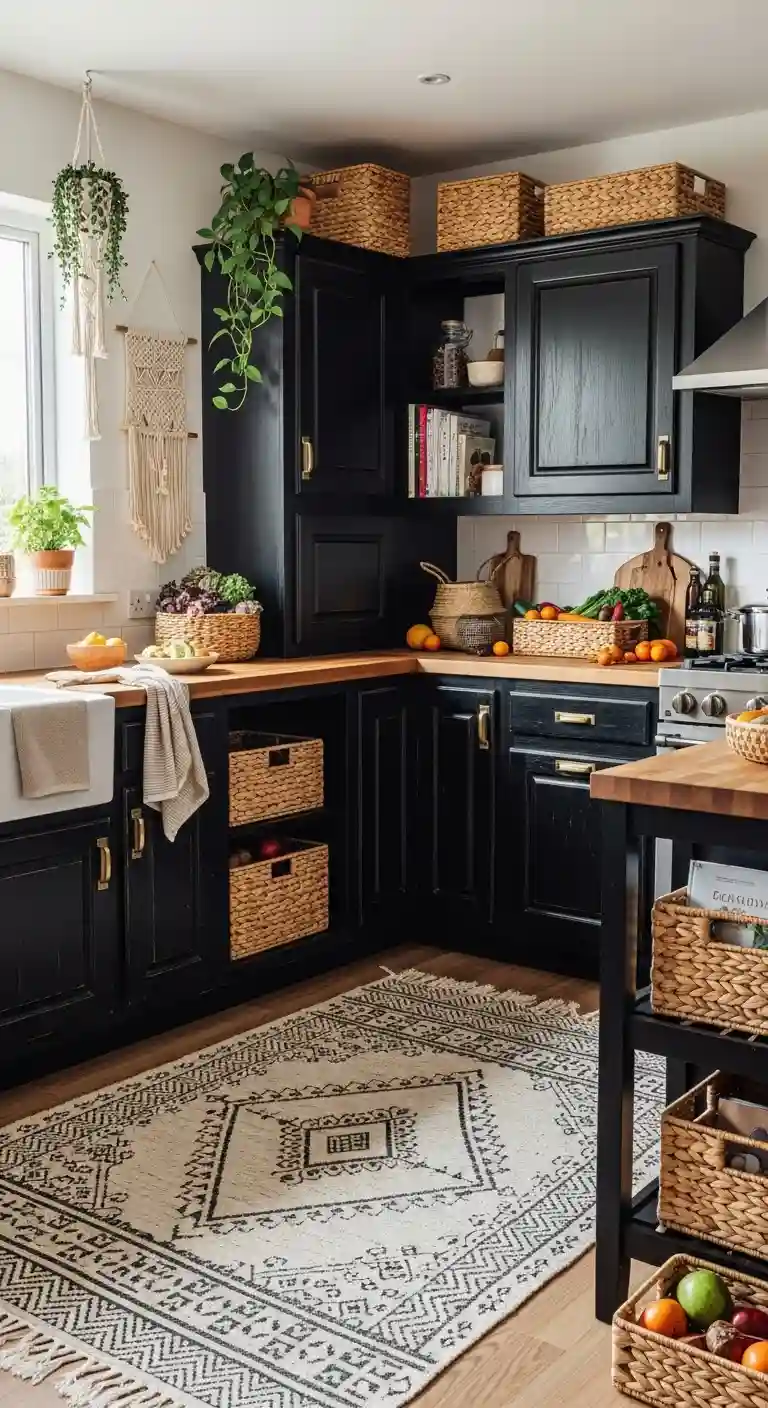 35 Boho Kitchen Black Cabinet Ideas to Elevate Your Space 37 35. Incorporate Handwoven Baskets for Storage