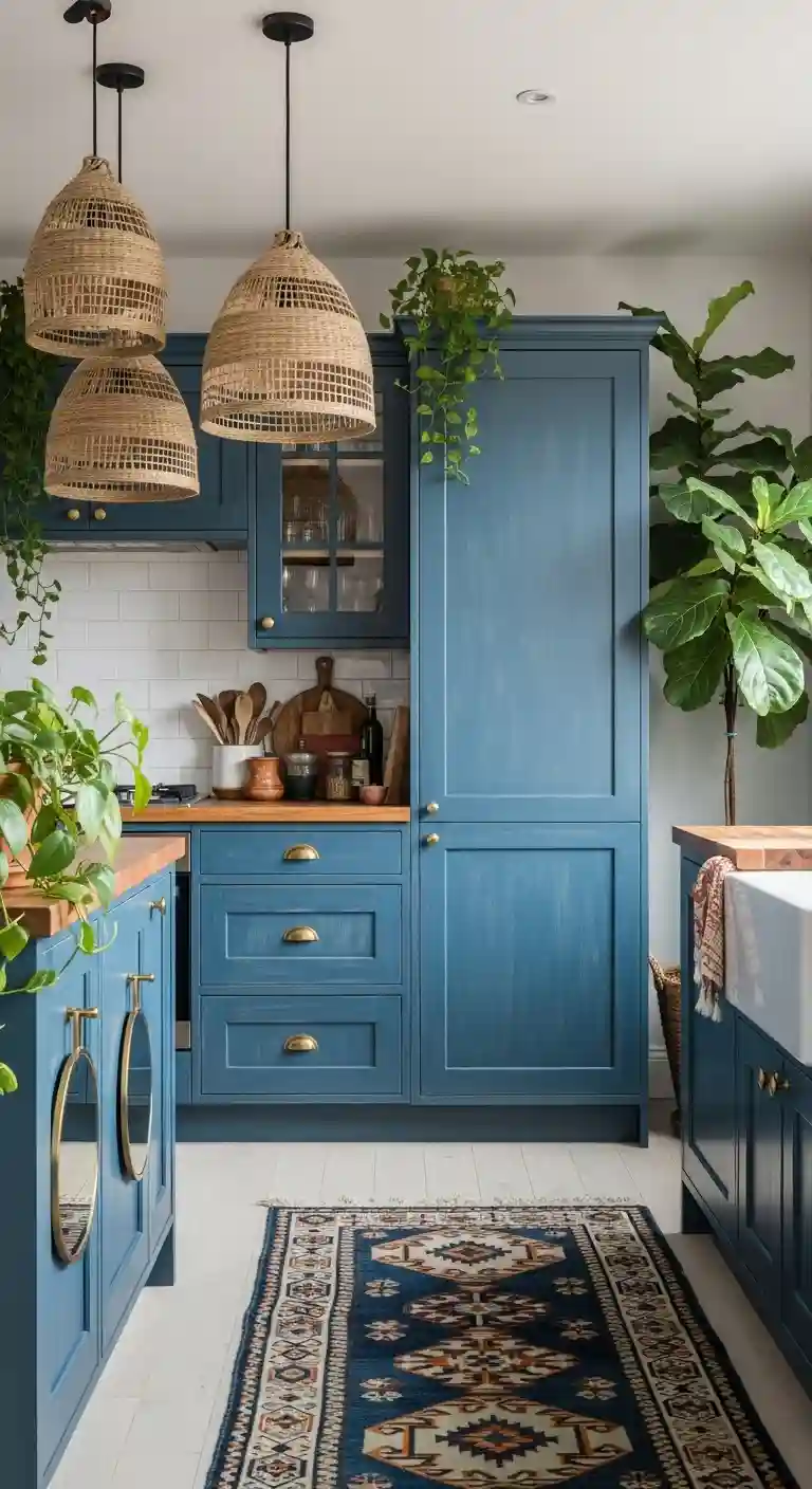 32 Boho Kitchen Blue Color Schemes for a Chic, Vibrant Look 8 6. Denim Blue Cabinets with Brass Hardware