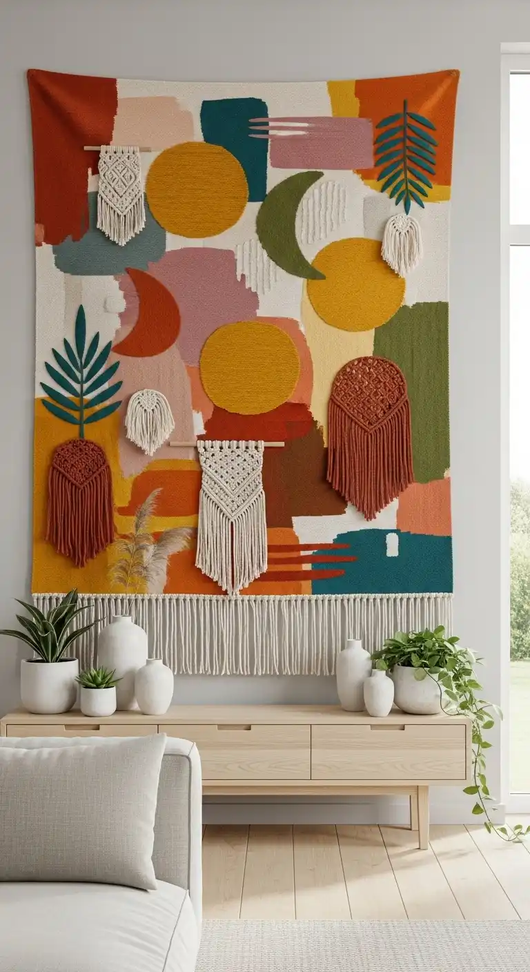 Inspiring Boho Abstract Wall Art Ideas for Your Home 8 6. Tapestry Feature