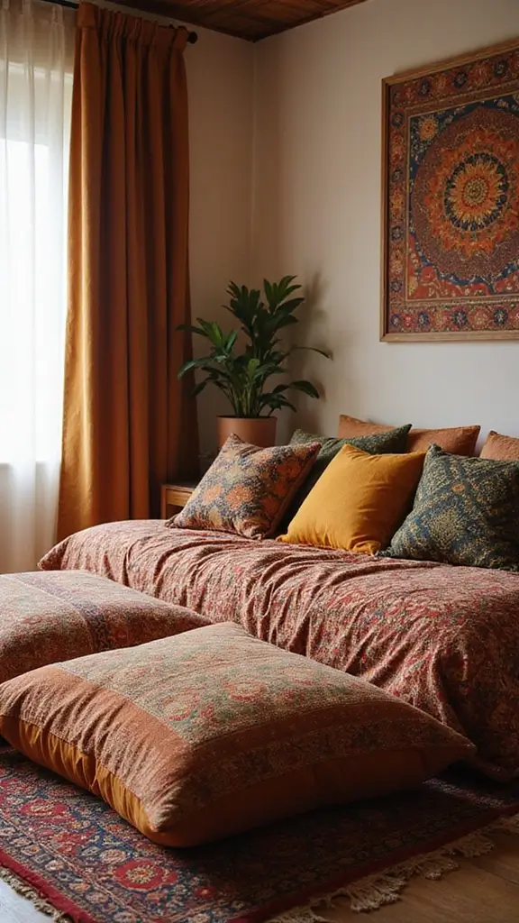 35 Modern Boho Bedroom Ideas for a Fresh, Trendy Look 34 35 Modern Boho Bedroom Ideas for a Fresh, Trendy Look - 32. Floor Cushions