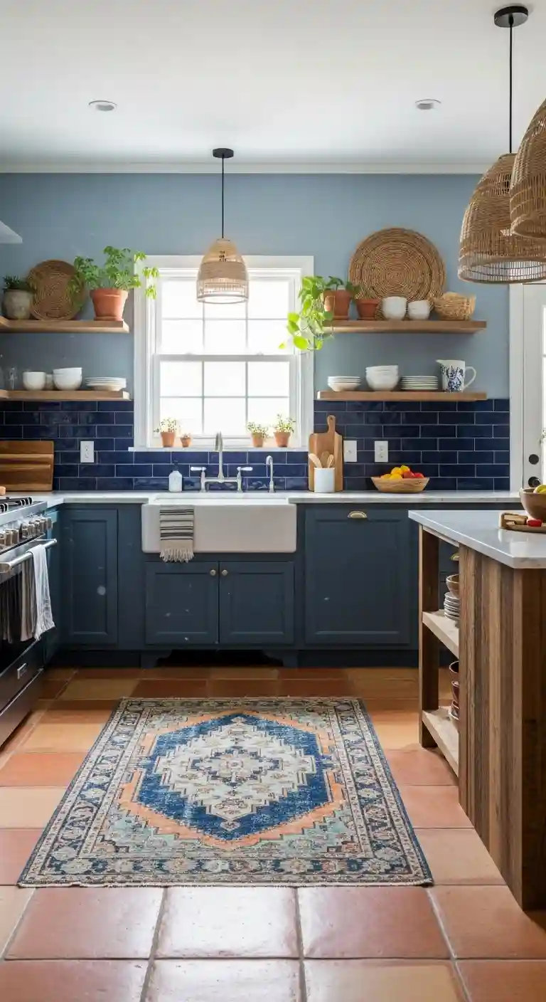 32 Boho Kitchen Blue Color Schemes for a Chic, Vibrant Look 9 7. Indigo Blue Tiles with Terracotta Floors