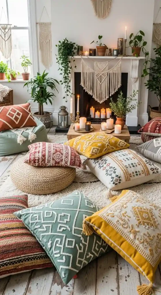 34 Stunning Boho Living Room Fireplace Decor Ideas to Inspire 8 7. Oversized Floor Pillows