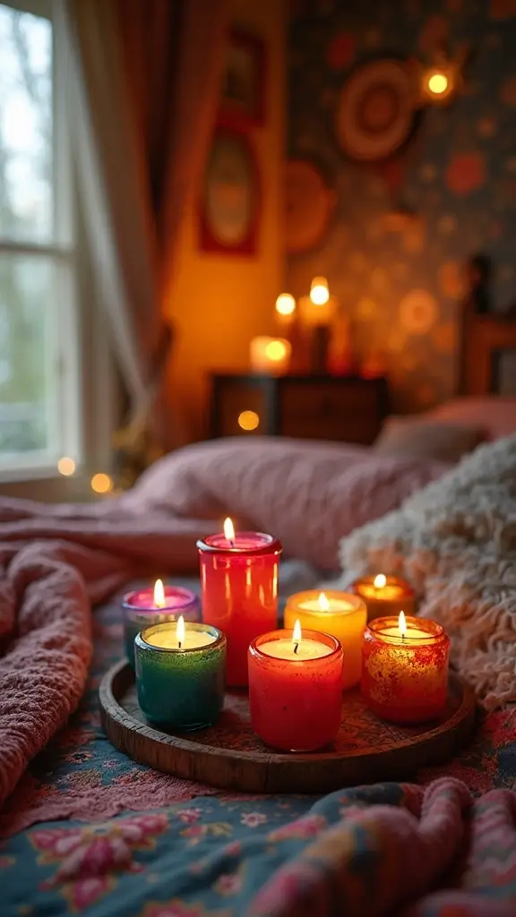 Colorful Boho Bedroom Ideas: 28 Playful Designs Bursting with Personality 30 Colorful Boho Bedroom Ideas: 28 Playful Designs Bursting with Personality - 28. Captivating Scents with Candles