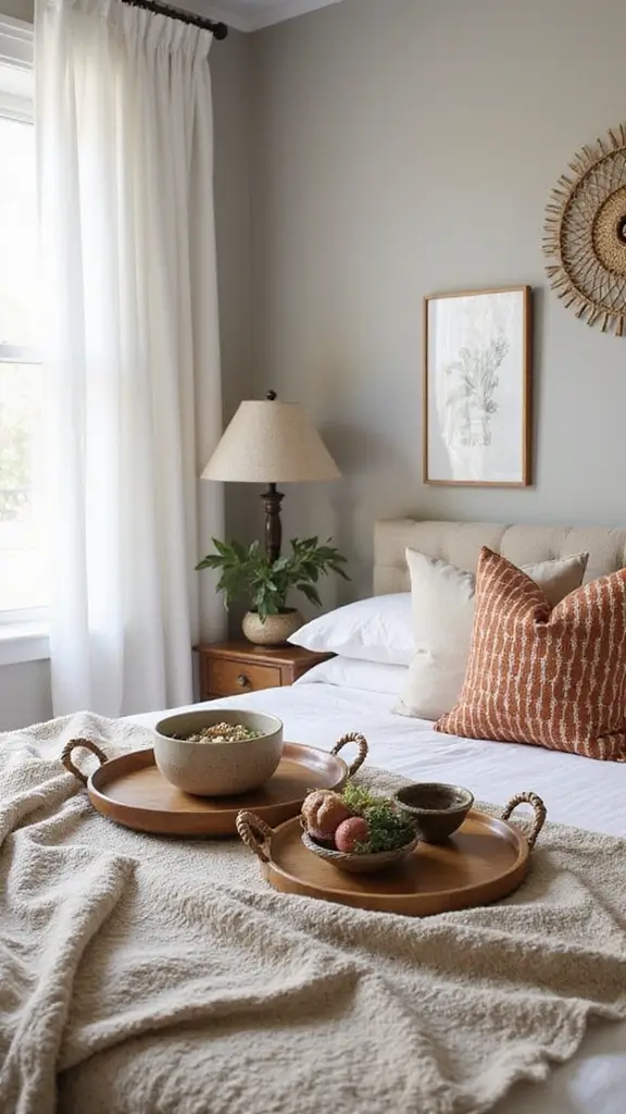 29 Small Boho Bedroom Ideas to Maximize Space in Style - 26. Decorative Trays and Bowls