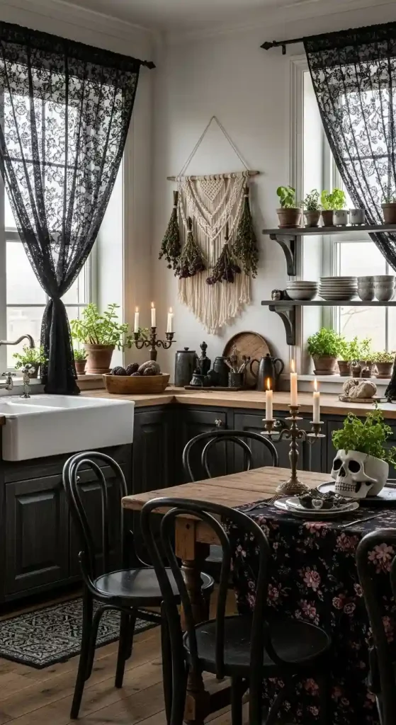 32 Stunning Boho Kitchen Goth Ideas for Dramatic Style 10 8. Intricate Lace Curtains in Black