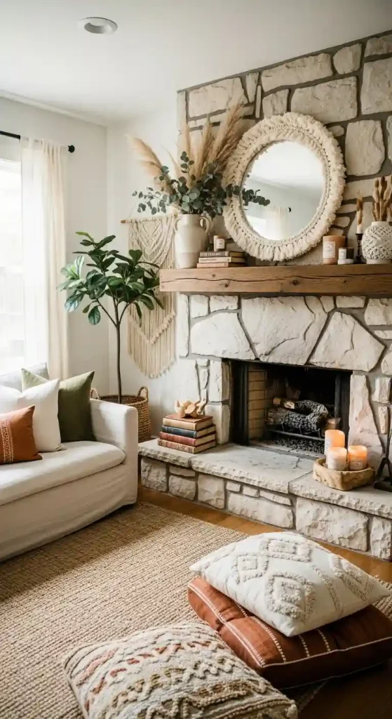 34 Stunning Boho Living Room Fireplace Decor Ideas to Inspire 9 8. Natural Stone Surround
