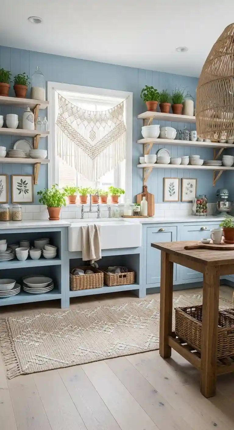 32 Boho Kitchen Blue Color Schemes for a Chic, Vibrant Look 10 8. Powder Blue Open Shelves
