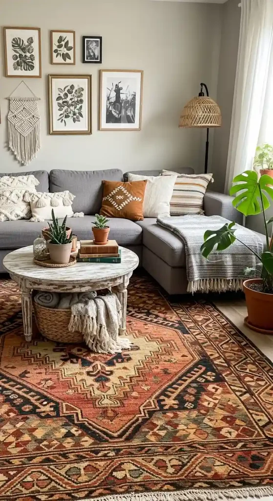 Chic Boho Living Room Rug Ideas for a Grey Couch – 35 Inspiring Looks 9 8. Vintage Kilim Rugs