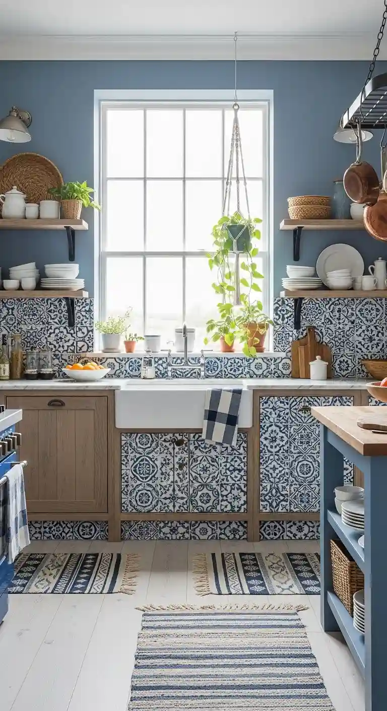 32 Boho Kitchen Blue Color Schemes for a Chic, Vibrant Look 11 9. Blue and White Patterned Backsplash