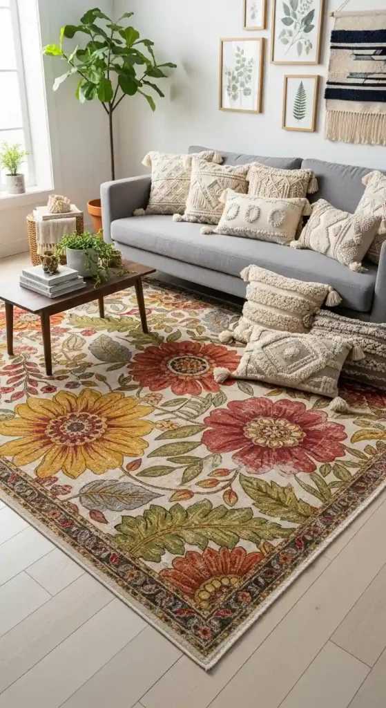Chic Boho Living Room Rug Ideas for a Grey Couch – 35 Inspiring Looks 10 9. Boho Floral Rugs