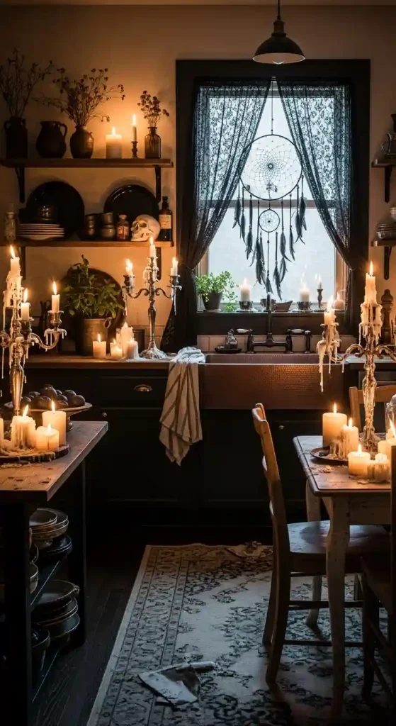 32 Stunning Boho Kitchen Goth Ideas for Dramatic Style 11 9. Candlelit Ambiance with Candelabras