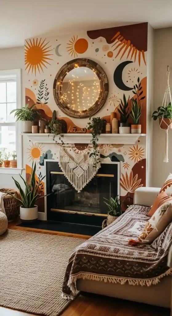 34 Stunning Boho Living Room Fireplace Decor Ideas to Inspire 10 9. Hand-Painted Murals