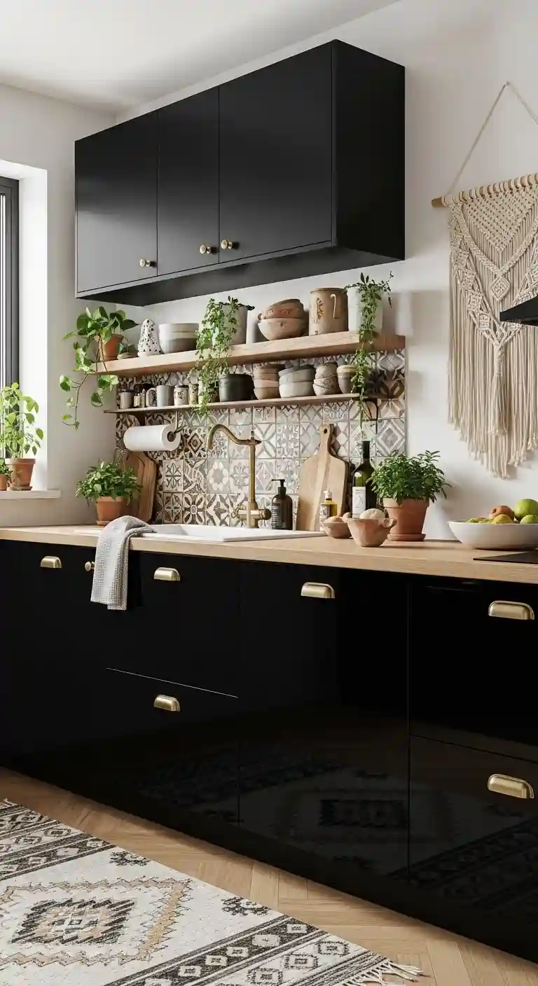 35 Boho Kitchen Black Cabinet Ideas to Elevate Your Space 11 9. Mix Matte and Glossy Black Finishes