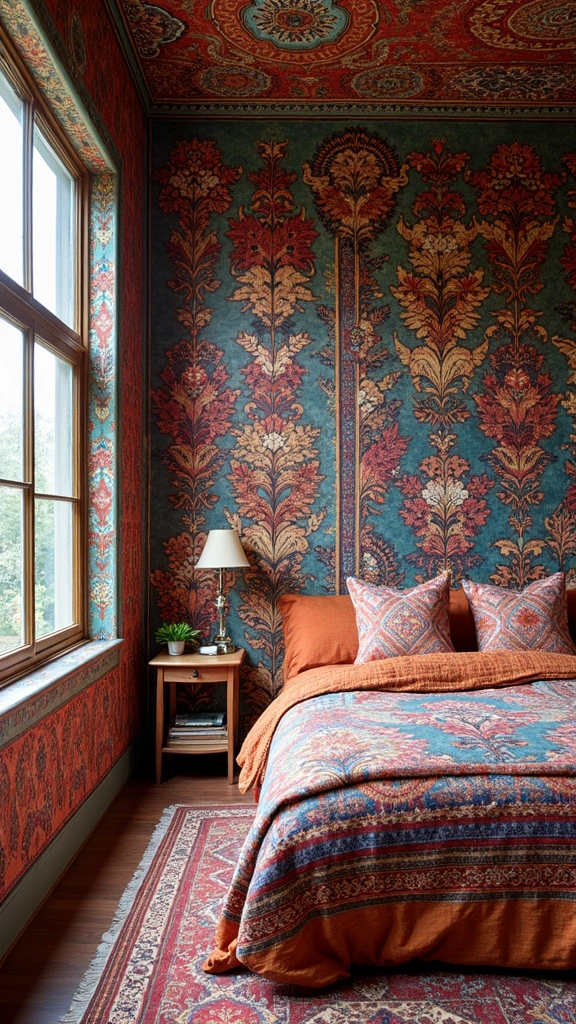 Colorful Boho Bedroom Ideas: 28 Playful Designs Bursting with Personality 11 Colorful Boho Bedroom Ideas: 28 Playful Designs Bursting with Personality - 9. Bold Wallpaper Choices