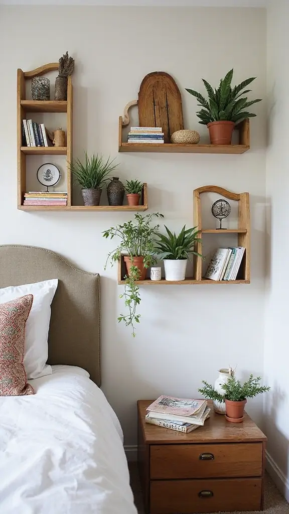 35 Modern Boho Bedroom Ideas for a Fresh, Trendy Look 27 35 Modern Boho Bedroom Ideas for a Fresh, Trendy Look - 25. Artistic Shelving