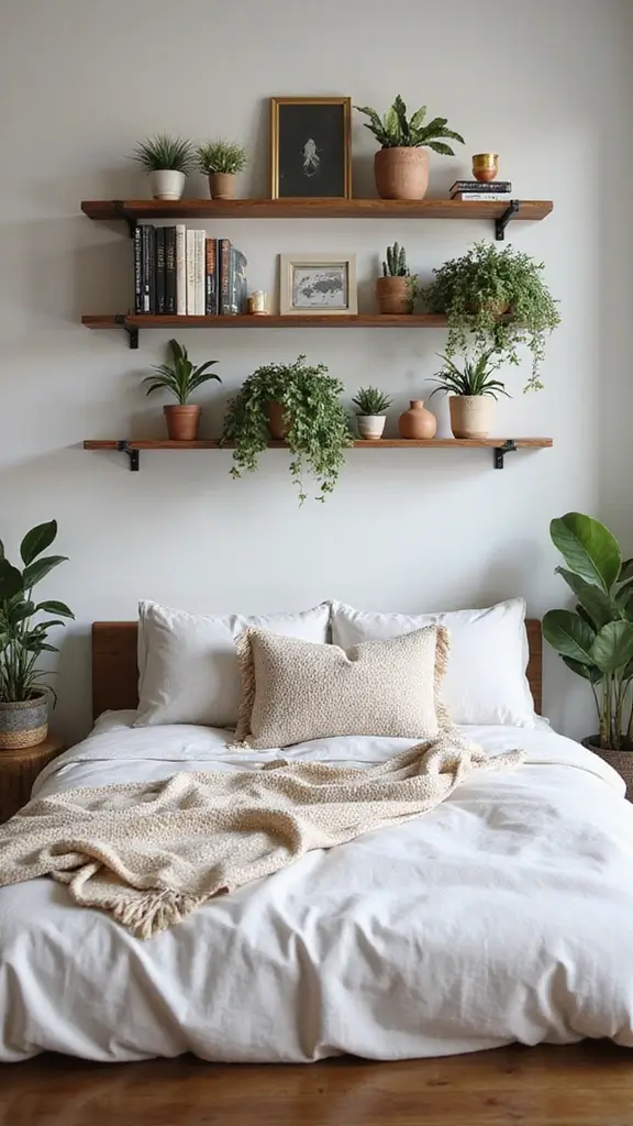 29 Small Boho Bedroom Ideas to Maximize Space in Style - 15. Functional Floating Shelves