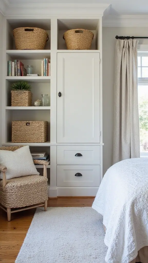 Grey Boho Bedroom Ideas: 29 Chic Neutrals with a Touch of Bohemian Flair 15 Grey Boho Bedroom Ideas: 29 Chic Neutrals with a Touch of Bohemian Flair - 14. Creative Storage Solutions