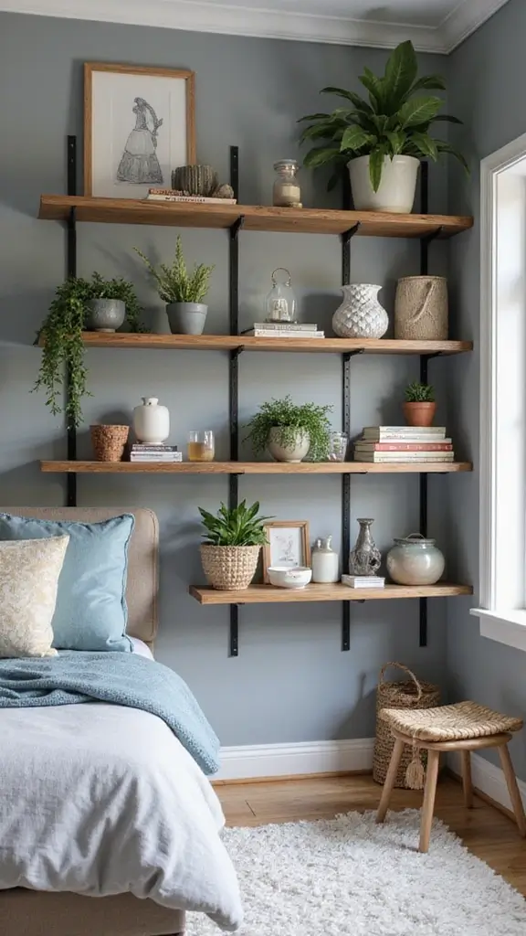 Grey Boho Bedroom Ideas: 29 Chic Neutrals with a Touch of Bohemian Flair 21 Grey Boho Bedroom Ideas: 29 Chic Neutrals with a Touch of Bohemian Flair - 20. Artful Display of Accessories