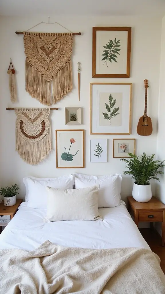 29 Small Boho Bedroom Ideas to Maximize Space in Style - 2. Creative Wall Art Display