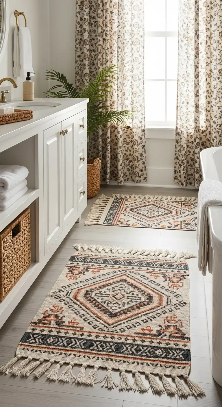 Boho Bathroom Ideas: 23 Beautiful Ways to Style Your Space 13 10. Cozy Bathroom Rugs with Fringe Detailing