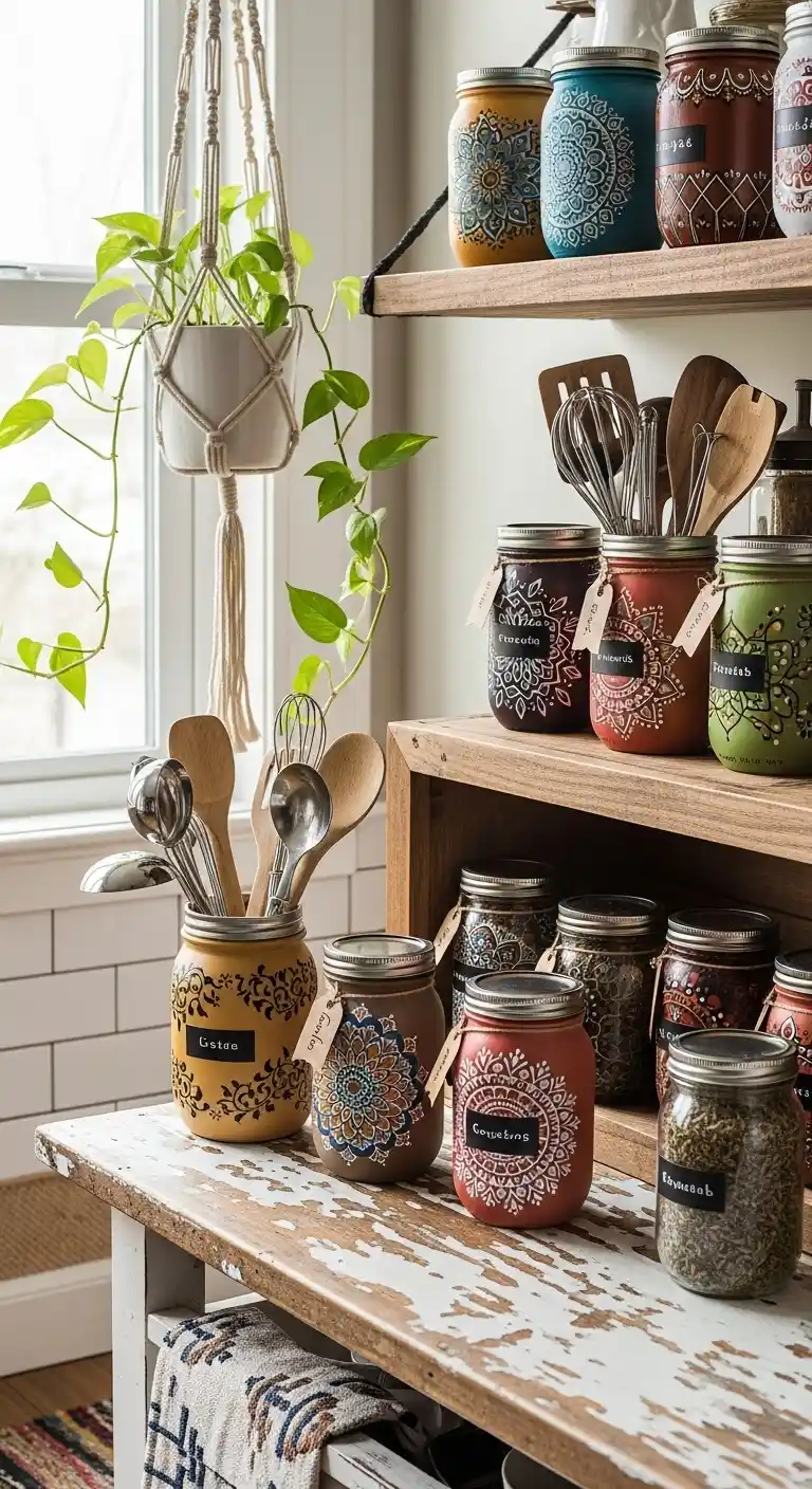 19 Stunning Boho Kitchen DIY Ideas to Transform Your Space 12 10. Painted Mason Jar Storage